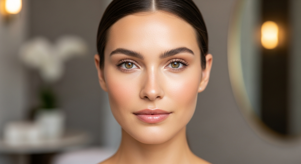 Close-up of a woman with smooth, balanced facial features and natural-looking skin in a bright medical spa, illustrating facial balancing at Hamilton Aesthetics in Palm Beach Gardens