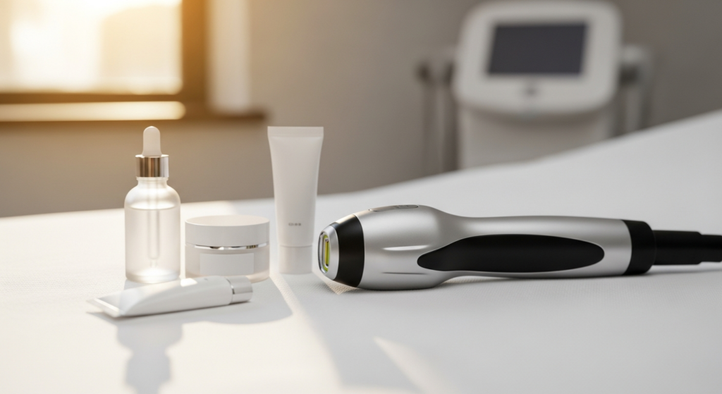 Laser resurfacing handpiece on a treatment bed beside skincare serum and post-treatment recovery products, with the laser console in a bright treatment room at Hamilton Aesthetics in Palm Beach Gardens