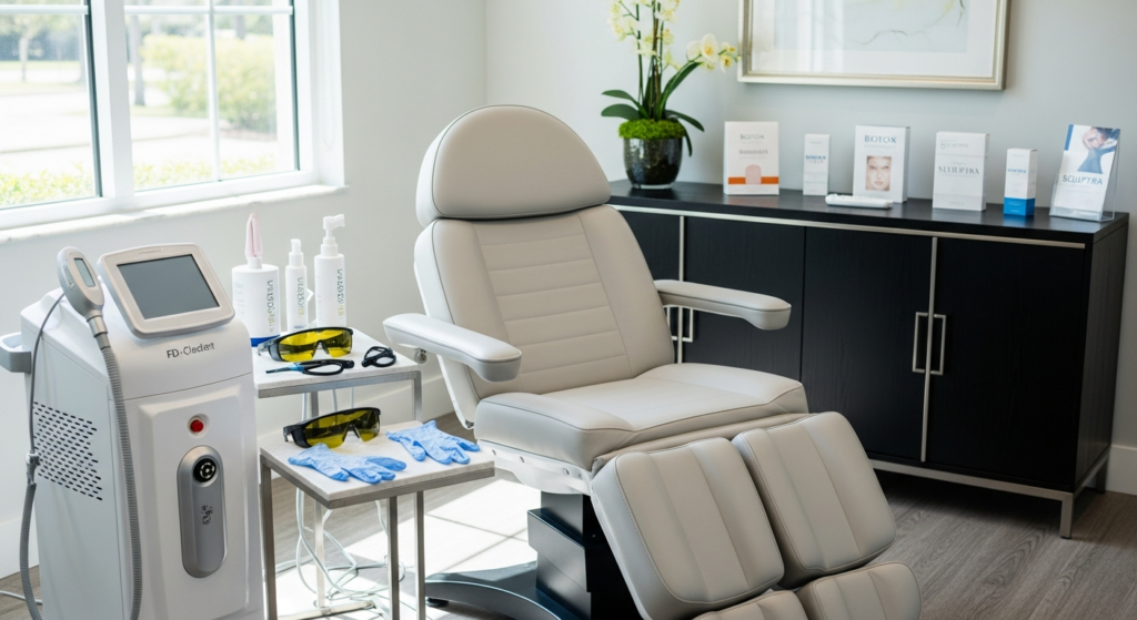 Bright med spa treatment room with a laser hair removal device, protective eyewear on a tray, and a cream reclining treatment chair