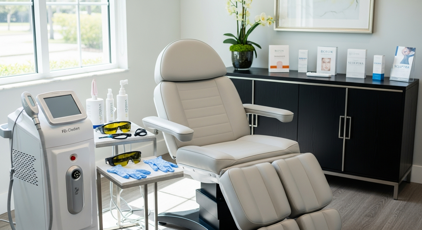 Bright med spa treatment room with a laser hair removal device, protective eyewear on a tray, and a cream reclining treatment chair
