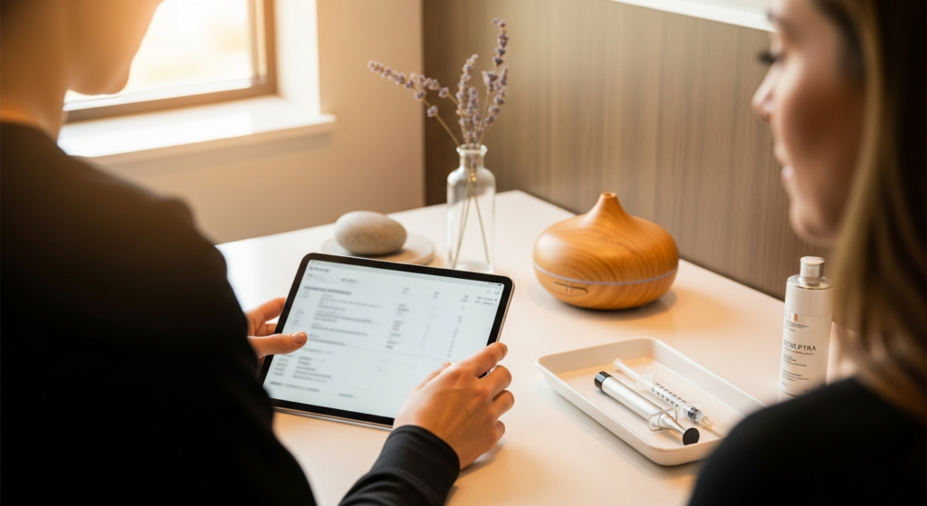 Provider and patient reviewing lab results together on a tablet during a functional medicine consultation at a warm, naturally lit Palm Beach Gardens office