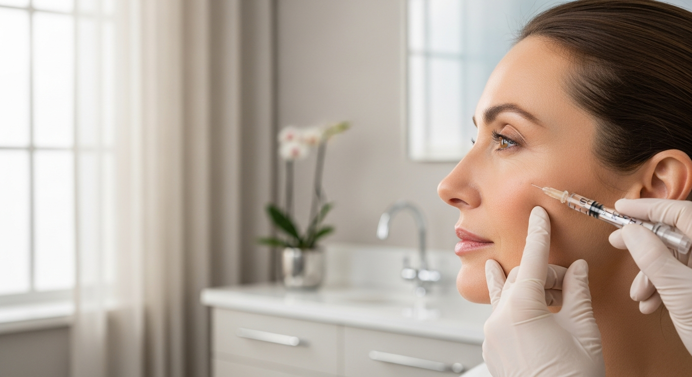 Gloved provider holding a syringe beside a woman's cheek during a Sculptra biostimulator treatment in a bright Palm Beach Gardens treatment room