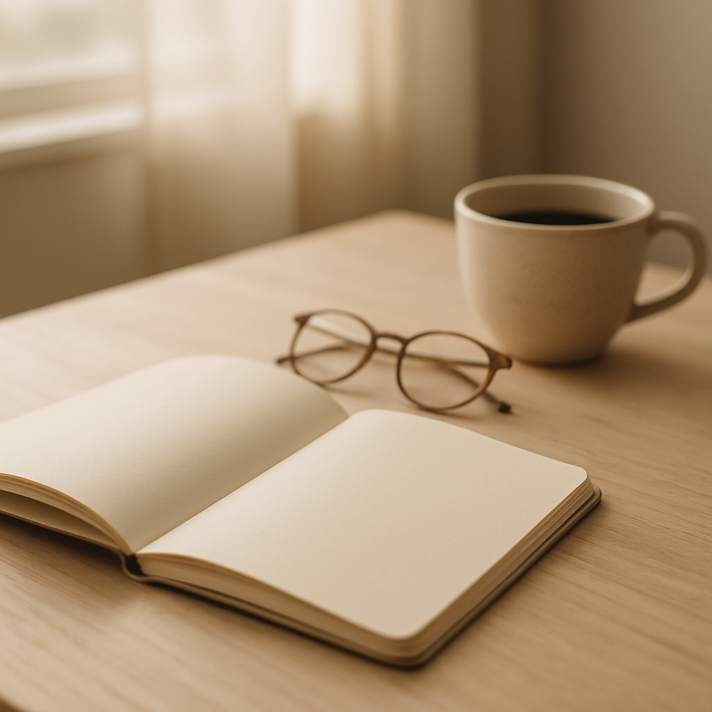 An open blank notebook, reading glasses and a cup of coffee on a pale wood table in soft morning light