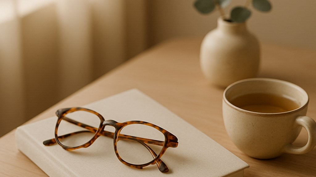 Reading glasses resting on a closed notebook beside a cup of herbal tea on a warm oak desk, representing an unhurried functional medicine consultation at Hamilton Aesthetics in Palm Beach Gardens