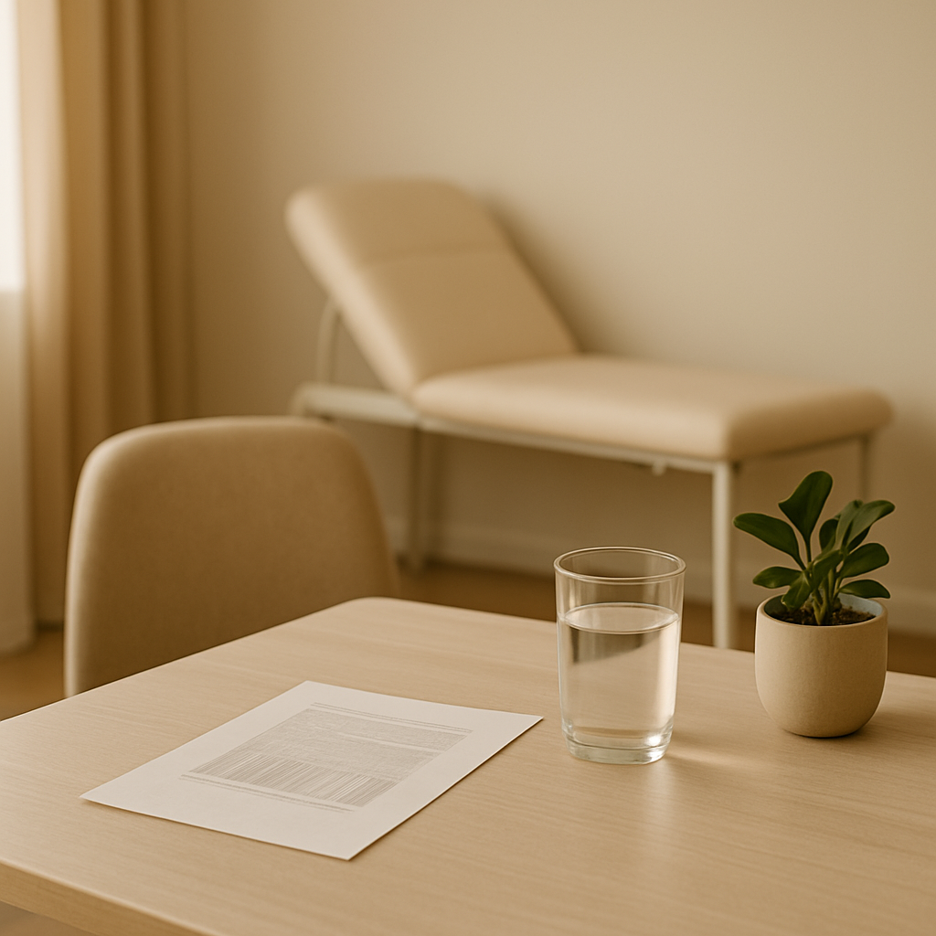 A calm consultation room in warm natural light with a printed report, a glass of water and a small plant on a pale wood table