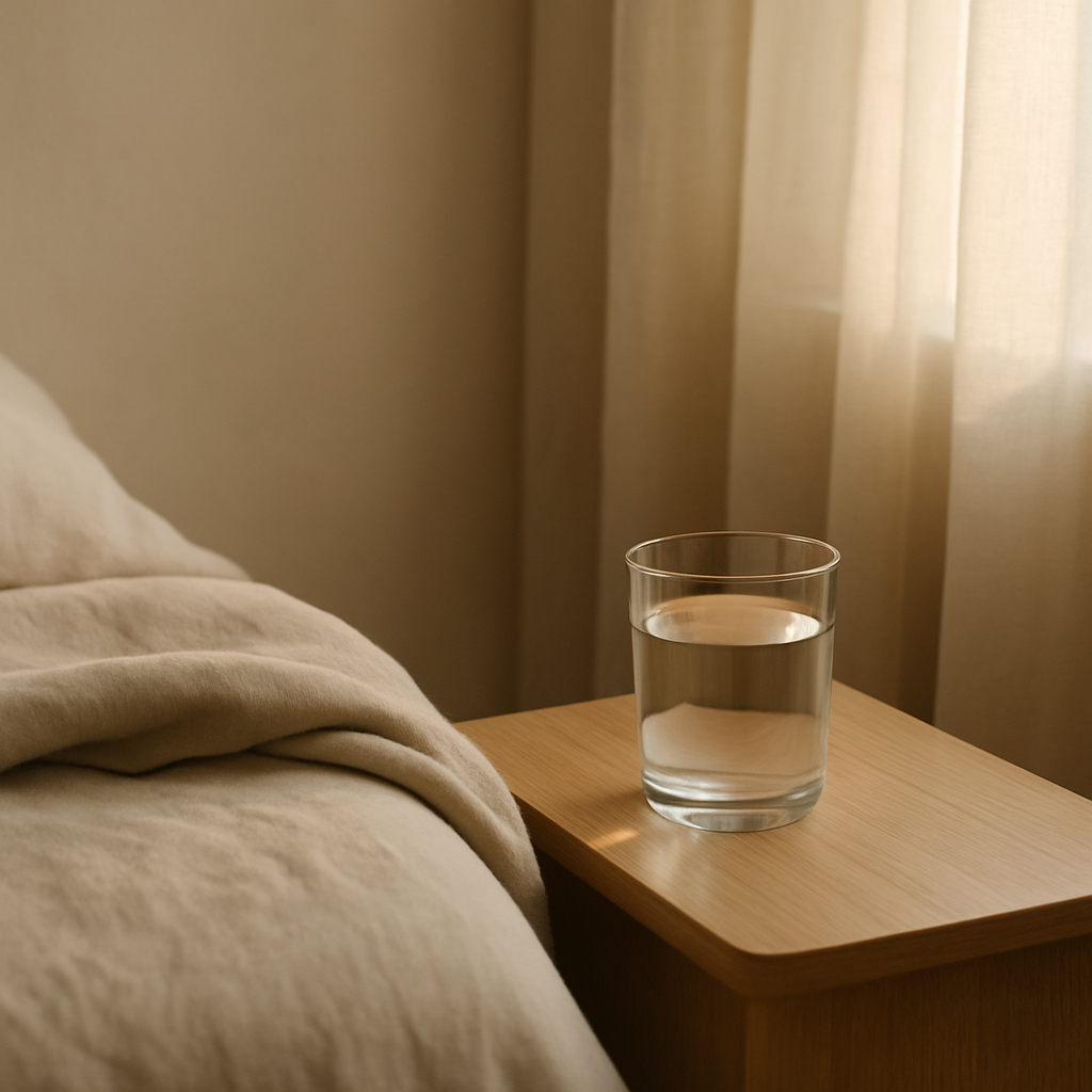 A glass of water on a pale wood bedside table beside a linen bed, lit by early morning light through a sheer curtain