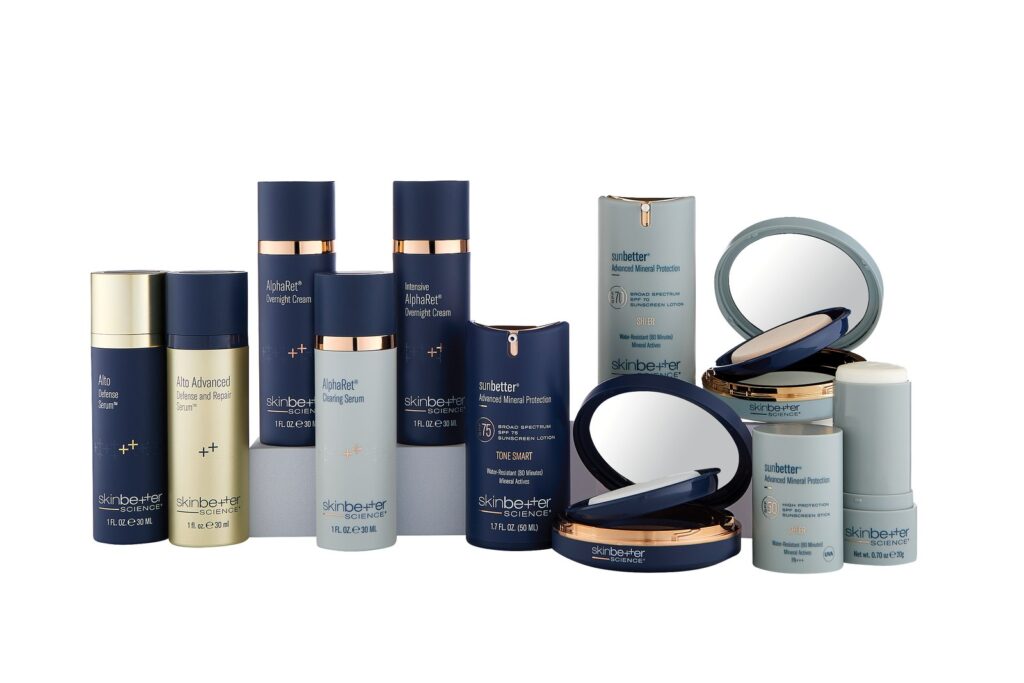 SkinBetter Science product lineup including AlphaRet overnight cream, Alto Defense Serum and sunbetter mineral sunscreens
